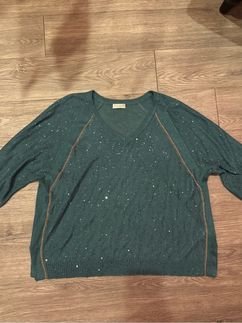 Brunello Cucinelli Teal V-Neck Sweater with Subtle Sequin Detail